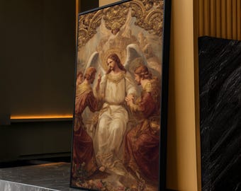 Può includere: Opera d'arte religiosa incorniciata raffigurante una figura centrale in abito bianco con un'aureola, affiancata da due figure in abiti marroni e oro. Il dipinto presenta pennellate dettagliate e uno sfondo dorato ornato, incorniciato in nero.