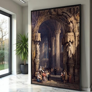 Historic Gothic Cathedral Interior Canvas, Religious Gathering Scene, Medieval Architecture Wall Art, Detailed Stone Column Painting,