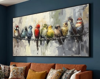 Colorful Birds on Wire Abstract Canvas Painting, Modern Animal Wall Art