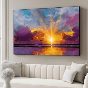 Vibrant Sunset Canvas Wall Art, Colorful Sky Landscape, Abstract Evening Clouds, Ocean Reflection Art, Modern Home Decoration