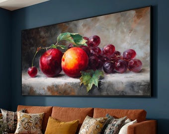 Still Life Fruit Canvas Wall Art, Red Apple and Peach Painting, Grape Cluster Artwork, Kitchen Decor, Hand-Painted Style Canvas