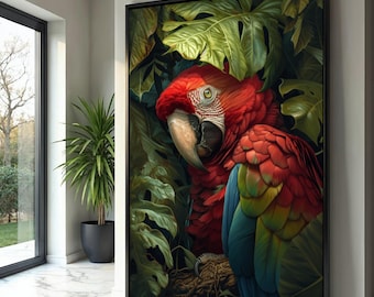May include: A framed art print featuring a vibrant macaw parrot amidst lush green foliage. The parrot has striking red, blue, and yellow plumage, with a prominent beak and expressive eyes. The artwork is set against a backdrop of large, tropical leaves.