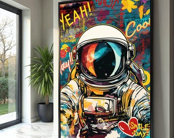 カラフルな宇宙飛行士の絵画 – 抽象的な宇宙アート、プリント