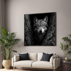 Ritratto di lupo maestoso su tela, decorazione murale in bianco e nero con animali selvatici, decorazione con animali della foresta, tela rustica con natura, opera d'arte pronta da appendere