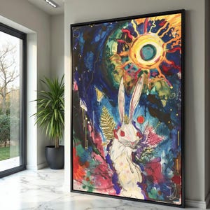 Tela con coniglio bianco mistico, arte astratta della natura, decorazione murale surreale colorata, dipinto di animali fantasy, opera d'arte con sole vibrante