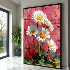 Quadro su tela con margherite bianche vivaci, dipinto floreale su sfondo rosa, stampa botanica su tela, decorazione floreale per la casa, pronto da appendere.