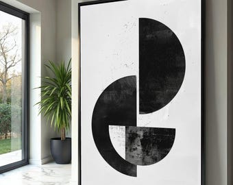 May include: Black and white abstract art print featuring geometric shapes. The artwork includes a large semi-circle, a quarter-circle, and a rectangular shape, all in black against a white background. The print is framed in a black frame.