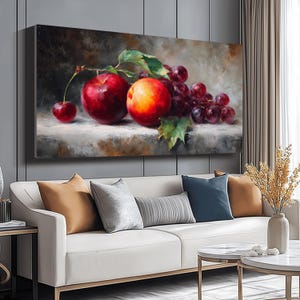 Quadro su tela con natura morta e frutta, dipinto di mela rossa e pesca, opera d'arte con grappoli d'uva, decorazione da cucina, tela dipinta a mano