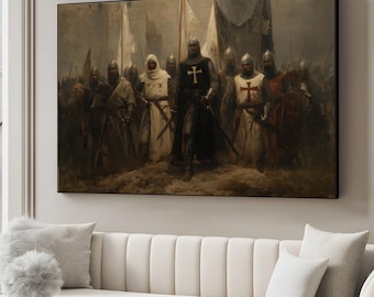May include: A framed canvas print depicting a historical scene of medieval knights. The artwork features a group of armored figures with swords and shields, some bearing crosses on their tunics. The color palette is muted, with a focus on browns, whites, and blacks.