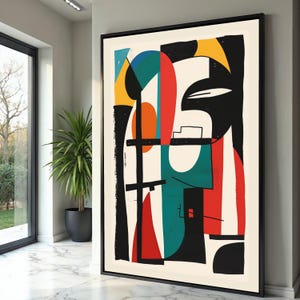 Mid Century moderne abstrakte Leinwand, Geometrische Wandkunst, Buntes zeitgenössisches Design, Retro Stil Dekoration