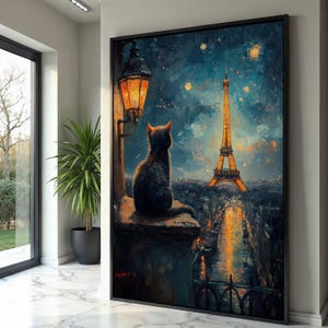 Notte da sogno a Parigi, tela con silhouette di gatto, decorazione da parete con Torre Eiffel, dipinto di paesaggio urbano romantico, tela impressionista con lampada luminosa