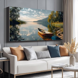 Tranquil Lake Scene with Wooden Boat, Nature Canvas Wall Art, Serene Water Reflection, Landscape Canvas Print, Calm Waters Home Decor