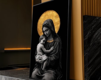 聖母マリアと子のキャンバス絵画 - クリムト風の宗教的なゴールド