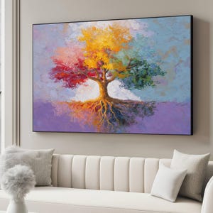 Vibrant Four Seasons Tree Canvas, Colorful Nature Wall Art, Seasonal Leaves Painting, Abstract Tree Canvas, Home Decor Artwork