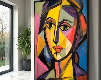 Abstract Cubist Portrait Canvas, Modern Face Art, Colorful Geometric Wall Decor, Bold Expressionism Canvas, Contemporary Home Decoration