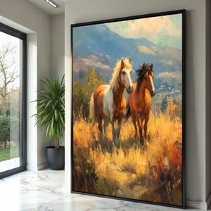 Cavalli maestosi in un prato dorato, tela rustica con animali da fattoria, arte murale con animali selvatici e naturali, dipinto di paesaggio di campagna, tela per arredamento d'interni