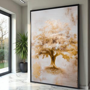 Golden Tree Canvas Wall Art, Abstract Nature Painting, Metallic Gold Decor, Tree Print, Elegant Home Wall Decoration