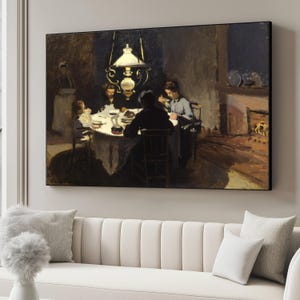 Quadro su tela con scena di cena in famiglia, quadro d'interni vintage, dipinto con luce calda, quadro su tela per arredamento classico, quadro da parete per serate accoglienti