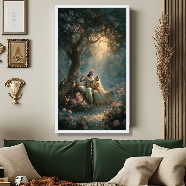 Krishna and Radha Canvas, Indian Mythology Garden Art image 5