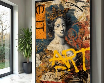 Queen Portrait Graffiti Style Canvas, Mixed Media Wall Art, Urban Street Art Canvas, Modern Royalty Home Decor, Ready to Hang