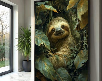 ジャングルの緑に囲まれた愛らしいナマケモノ、熱帯の野生動物のキャンバス、かわいい動物の壁アート、自然の室内装飾、すぐに掛けられるキャンバス