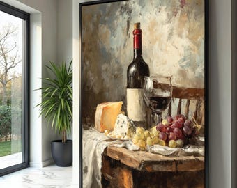 ワイン　チーズ　絵画　ヨーロッパ風景画 赤ワインとチーズ、キャンバスに描いた油絵、イタリアの名物料理