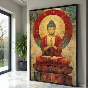 Serene Buddha Meditation, Red Lotus Pose Canvas, Spiritual Wall Art, Zen Decor Painting, Mindfulness Buddha Canvas, Tranquil Home Decoration