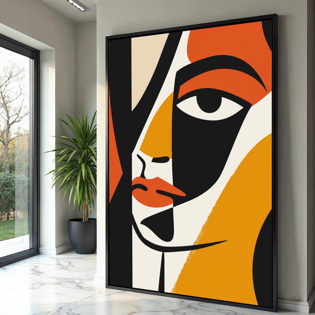 Abstract Cubist Face Canvas, Modern Geometric Portrait Wall Art, Bold ...