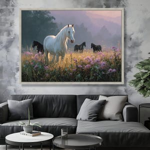 White Horse Wildflower Meadow Canvas, Equestrian Wall Art image 4
