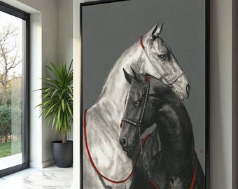 Elegant Black and White Horses Canvas Art, Equine Wall Decor, Animal Portrait Canvas, Modern Home Decoration, Ready to Hang Artwork