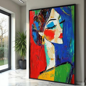 Ritratto di donna astratta su tela, arte moderna colorata, arte murale espressionista con volto femminile, dipinto con texture audace, tela per arredamento d'interni