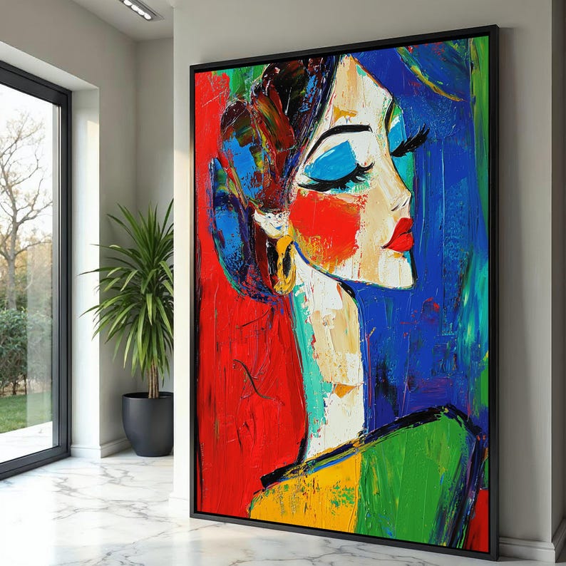 Image showcasing Vibrant Abstract Woman Portrait Canvas, Colorful Modern Art ...