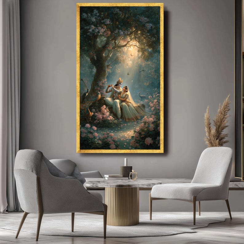 Krishna and Radha Canvas, Indian Mythology Garden Art image 2