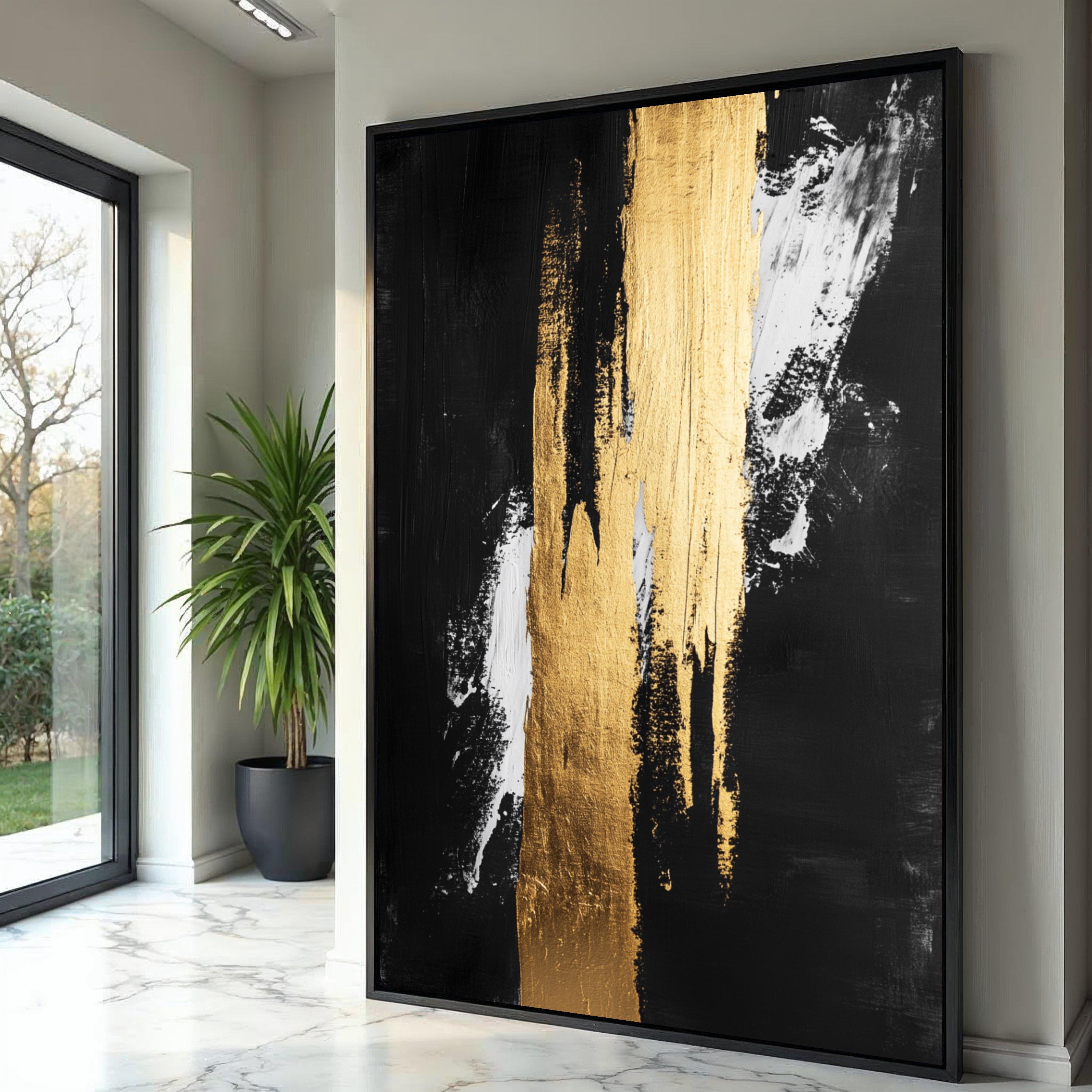 黒と金の抽象キャンバスアート、メタリックな筆致の絵画 - Etsy 日本