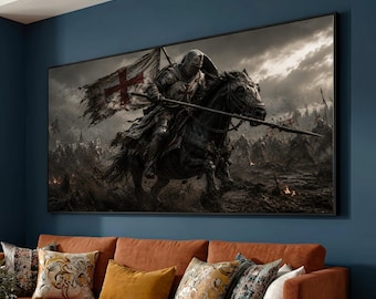 Medieval Knight on Horseback Canvas, Crusader Warrior Canvas Art, Historical Battle Scene, Dark Fantasy Wall Decoration, Armor and Lance