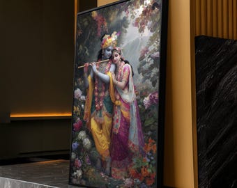Puede incluir: Una impresión artística enmarcada que representa a una pareja con vestimenta tradicional india, rodeada de flores y follaje. El hombre toca la flauta y la mujer se apoya en él. La obra presenta colores vibrantes y una escena romántica detallada.