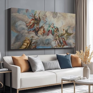 Angelic Renaissance Ceiling Fresco Canvas, Mythological Wall Art, Baroque Style Cloudscape Painting, Classical Art Print, Home Decoration