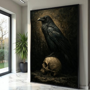 Dark Raven on Skull Canvas, Gothic Wall Art, Mysterious Bird Decor, Moody Nature Canvas, Symbolic Raven Painting, Haunted Home Decoration