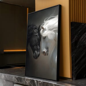 Black and White Horses Canvas, Contrasting Equine Wall Art, Artistic Animal Portrait, Home Décor Canvas, Elegant Horse Painting