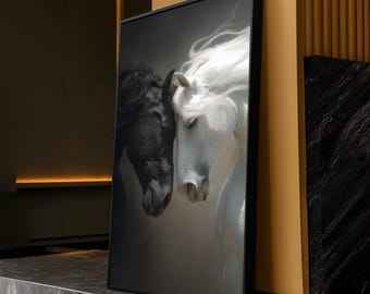 Black and White Horses Canvas, Contrasting Equine Wall Art, Artistic Animal Portrait, Home Décor Canvas, Elegant Horse Painting