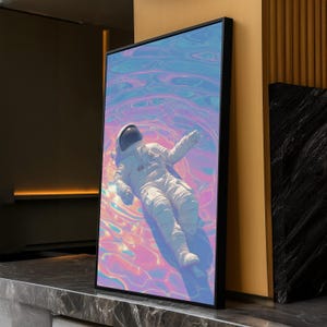 Tela galleggiante con astronauta sognante, arte spaziale surreale, decorazione murale in colori pastello neon, decorazione futuristica per la stanza, tela moderna unica