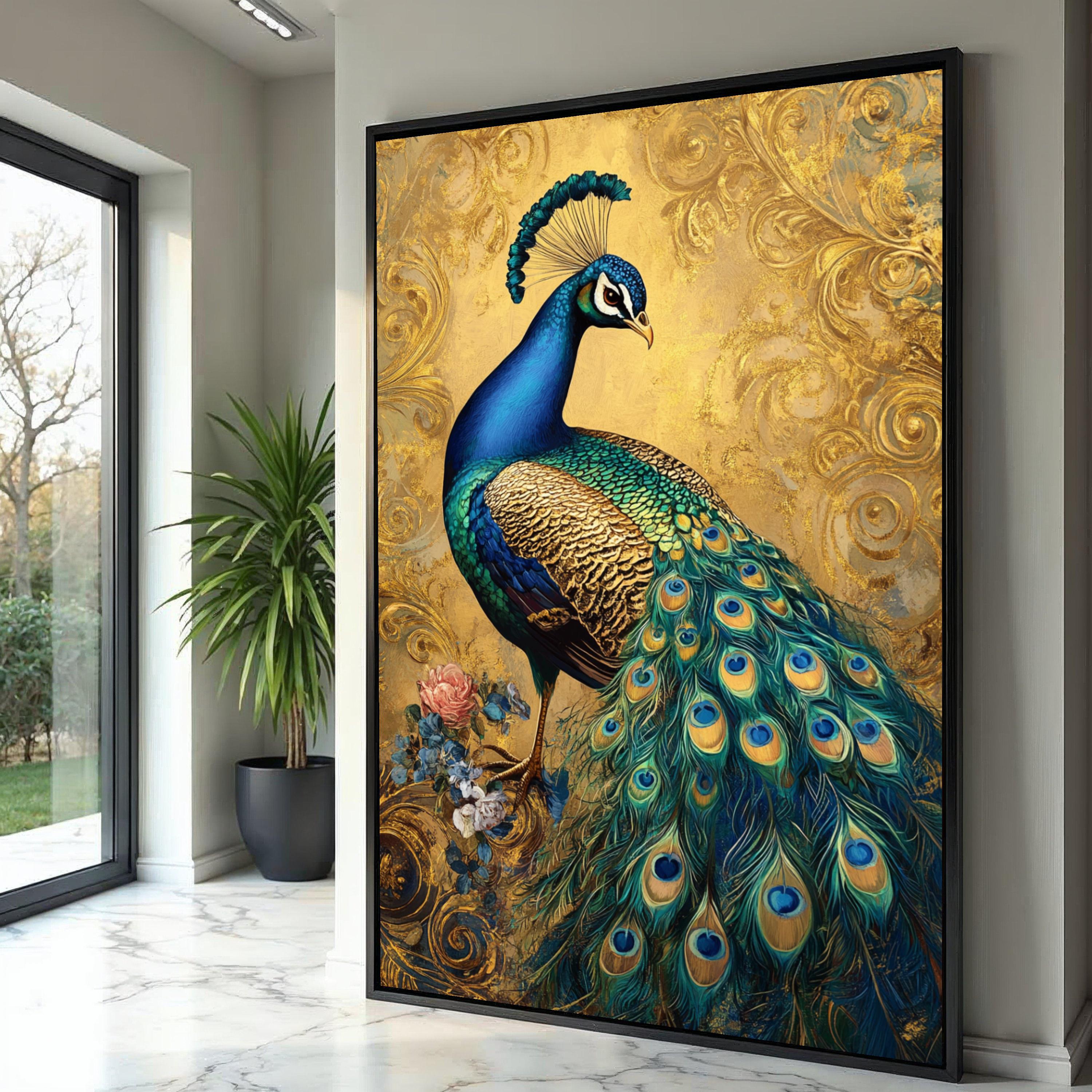 Majestic Peacock Canvas Wall Art, Ornate Gold Background, Vibrant