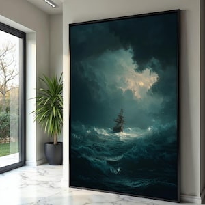 May include: Framed canvas print of a tall ship at sea during a storm. The artwork uses a dark colour palette of blues and greys to depict turbulent waves and ominous clouds, creating a dramatic scene.