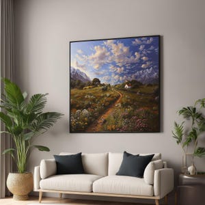 Scenic Mountain Path Canvas, Wildflower Meadow Wall Art, Countryside Landscape Canvas, Cottage and Chapel Decor, Nature Canvas Painting