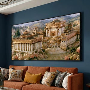 Architectuur van de Tempel van Salomo op canvas, muurdecoratie uit het oude Jeruzalem, historische Bijbelse scène, religieus erfgoed op canvas, kunstwerk voor huisdecoratie