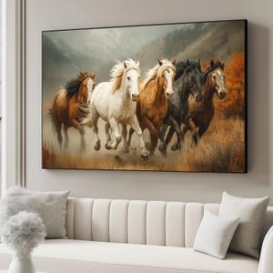 Quadro su tela con cavalli selvaggi in corsa, mandria di cavalli maestosa, decorazione da parete con paesaggio autunnale, tela con animali della natura, decorazione rustica da fattoria