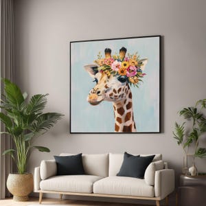 Whimsical Giraffe Portrait Canvas, Floral Crown Animal Art, Colorful Nursery Wall Decor, Cute Safari Canvas Painting, Kids Room Decoration