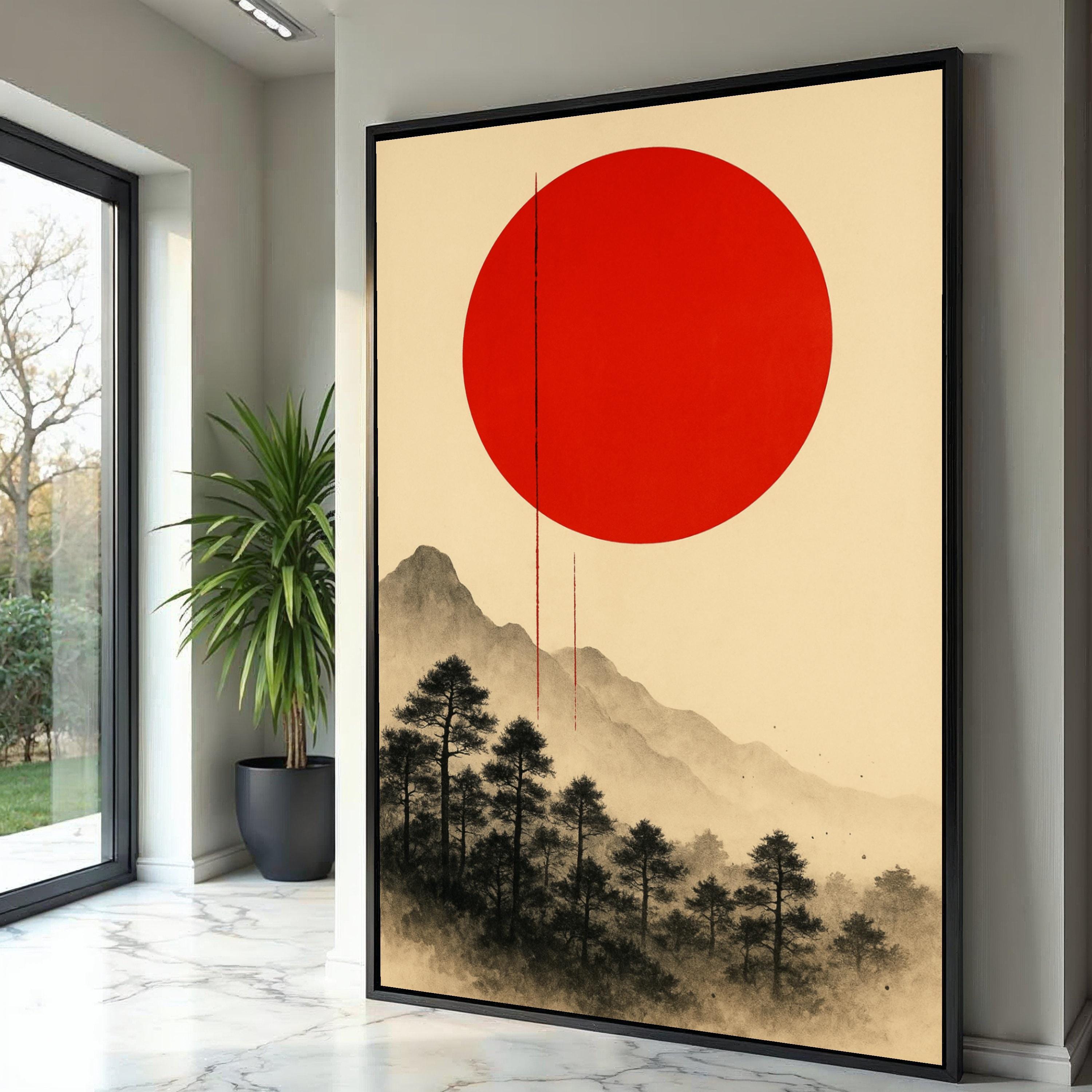 Minimalist Japanese Landscape Canvas, Red Sun Wall Art, Asian