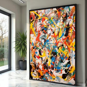 Jackson Pollock, livfull abstrakt expressionism-canvas, färgglad stänktryck, väggkonst, modern samtida design, dynamisk konstnärlig