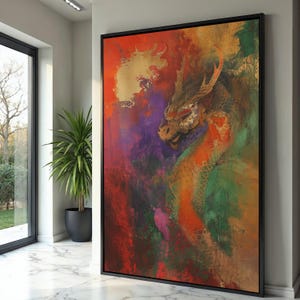 Quadro su tela raffigurante un maestoso drago, motivo astratto della mitologia orientale, dipinto con squame fantasy colorate, decorazione per la casa, pronto da appendere.